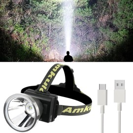 Amkulop Super Bright LED Headlamp Rechargeable Spotlight Headlight for Adults, 3 Lighting Modes high Lumen Searchlight for Working Outdoor Hunting Camping Fishing
