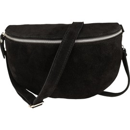 MIRROSI® Women's Bum Bag, Made in Italy, Genuine Leather Shoulder Bag, Chest Bag, Crossbody Bag Made of Genuine Leather, Available in 3 Sizes, Black (suede silver zip)