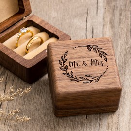 KWOOD Mr & Mrs Ring Box - Engraved Walnut Wooden Ring Box for Wedding Ceremony - Wedding Anniversary Birthday Gift Ideas (Style 1)