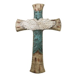 Ebros Gift Rustic Western Angel Wings Turquoise Horse And Floral Tooled Leather Wall Cross Decor Plaque In Faux Wooden Panels Figurine Inspirational Accent