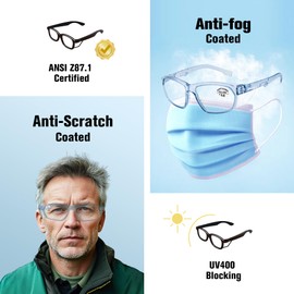 ProtectX Stylish Anti-Fog & Scratch-Resistant Safety Glasses With Readers, UV Protection Goggles, Anti-Impact Lightweight Glasses for Men＆Women Blue Reading 3.0