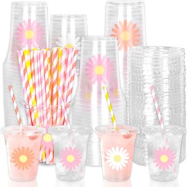 Whaline 60Pcs Daisy Disposable Plastic Cups with Lids and Straws White Pink Orange Daisy Flower Cold Beverage Drinking Cups for Wedding Birthday Baby Shower