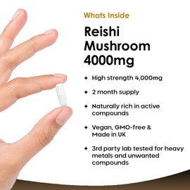 Reishi Mushroom Capsules - High Strength 4000mg Mushroom Supplements - 120 Vegan Mushroom Powder Capsules - Reishi Supplement 100% from The Fruiting Body Made in UK by New Leaf