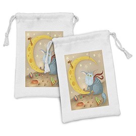Ambesonne Funny Fabric Pouch Set of 2, Cat and Mouse on Crescent Moon Shaped Cheese Paws Cartoon, Small Drawstring Bag for Toiletries Masks and Favors, 9" x 6", Multicolor