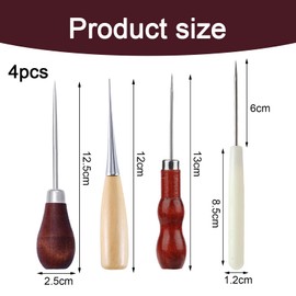 EUYKQNOI Set of 4 Hole Punch Awl Tool, Punch with Wooden Handle, DIY Leather Craft Sewing Awl Hole Awl Curved Awl Sewing Tool Wooden Handle for Sewing or Repairing Canvas Paper Leather Fabric