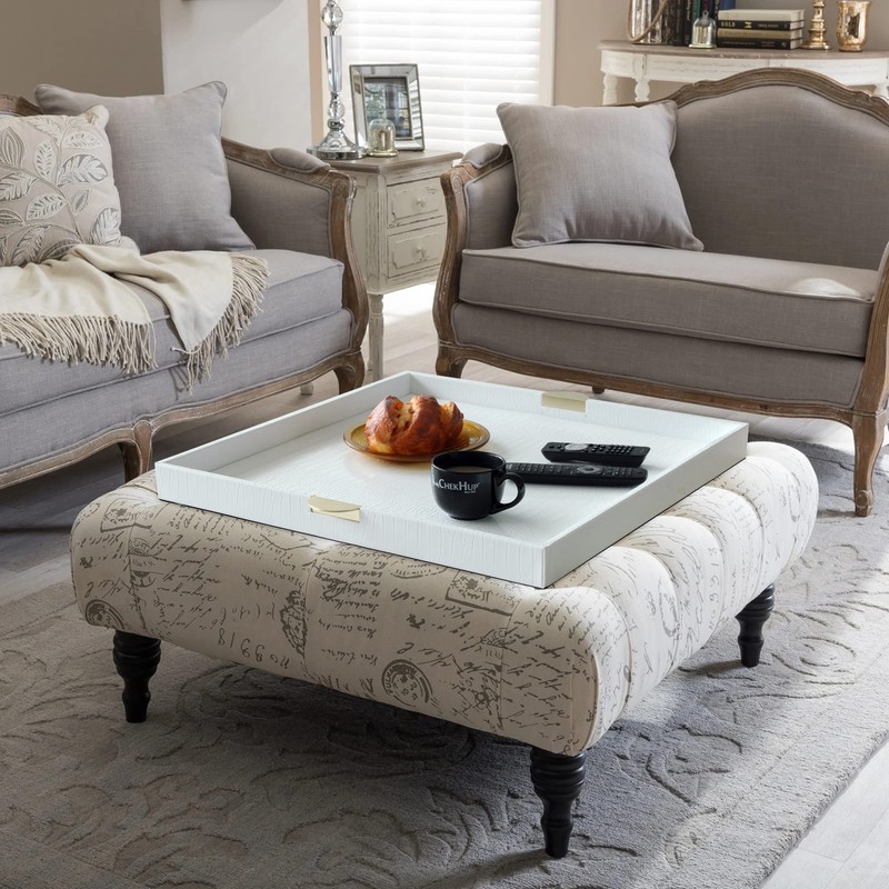 HofferRuffer Extra Large Square Serving Tray, Elegant Faux Leather Ottoman