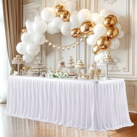 6ft Long White Table Skirt for Rectangle Tables Decorations - Wrinkle Resistant Polyester Pleated Table Skirting Desk Skirt for Office Baby Shower Birthday Party Wedding Banquet