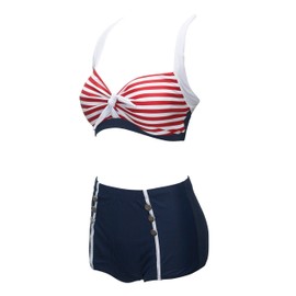 bslingerie® Traje de baño de bikini retro de cintura alta con push up para mujer, talla grande, azul y Red, XL