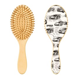 Paddle Brush Hair Brush, Round Wooden Pins Air cushion comb, Scalp massages Detangling Hair Hairbrush for Smoothing Hair Print Racing Cars Speed Sport Seamless Black White