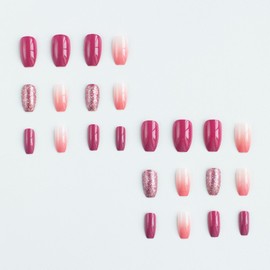 Pink Press on Nails Short Coffin Fake Nails with Bling Glitter Design Stick on Nails White Pink Ombre Nails Press Ons Artificial Reuseable Acrylic Glue on Nail for Women Girl Manicure 24Pcs