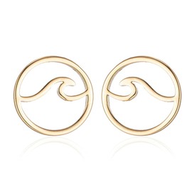 Round Small Sea Wave Stud Earrings for Women (Gold-Toned B)