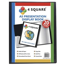 A5 Display Book - 20 Pockets (40 Sides) Black Presentation Display Book Folder Folio for Professionals, Business, Students, Projects, School, Colleges, Home, Office by 4 Square - 89036 (1 Book)