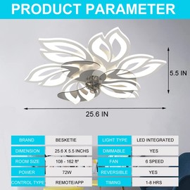 BESKETIE 25.6" Bladeless Ceiling Fan with Lights Remote Control, Modern Low Profile Ceiling Fans with Lights Flush Mount, Dimmable 3 Color 6 Speeds LED Fan Lamp Indoor for Bedroom, Living Room -White