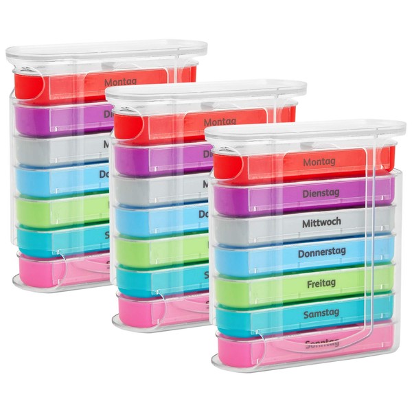 3 x WELLGRO Tablet Box for 7 Days, 4 Compartments per Day, 11.5 x 4.5 x 13 cm (W x D x H), Choice of Colours, Colour: Multicoloured