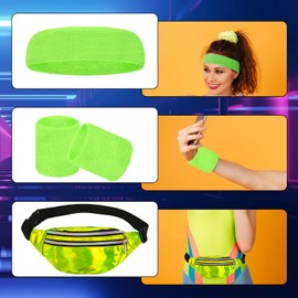 80s Bum Bag Headband Neon, 80s 90s Outfit Women's Accessories with Bracelets and Headband Adjustable Waist Bag Waterproof for Retro Party Theme Carnival, Green, 80s