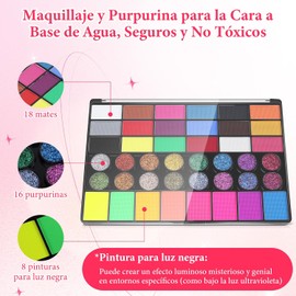 Kit de Pintura Facial y Pintura Corporal de 42 Colores, Set Profesional de Pintura Facial y Corporal, con Paleta de Maquillaje, Pincel y Gemas, Pintacaritas para Niños, Adecuado para Halloween, Espectáculos, Fiestas