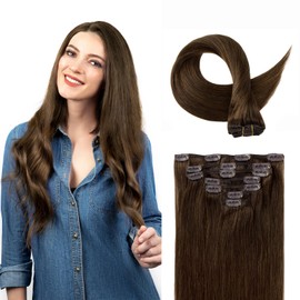 SoBeauty Clip in Hair Extensions Real Human Hair, 100% Remy Chocolate Brown Hair Extensions for Long Hair, Tangle-free&Shedding-free, #4 18Inch 120G 7PCS
