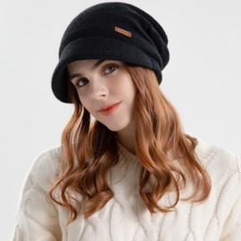 Enwokran Women Winter Knit Visor Hat Fleece Lined Warm Pullover Beret Hat, Newsboy Cap with Brim Cloche Ear Protection Hat for Women (Black)