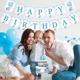 Blue Elephant Birthday Decorations Boy - Happy Birthday Elephant Banner, Pre-Strung Elephant Birthday Party Banner for Boys 1st 2nd 3rd Birthday Party Supplies