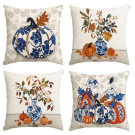 AVOIN colorlife Fall Pumpkin Chinoiserie Blue and White Porcelain Vase Pillow Covers, 20 x 20 Inch Seasonal Thanksgiving Harvest Grandmillennial Cushion Case Decoration for Sofa Couch Set of 4