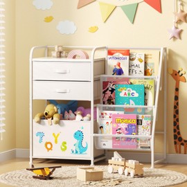 BBLIKE Kids Bookshelf and Toy Storage Organizer - 3 Tier Book Shelf with Movable Toy Box for Kids Rooms, Ideal Bookcase and Toy Organizer with 2 Drawers for Playroom, Bedroom, Nursery（White）