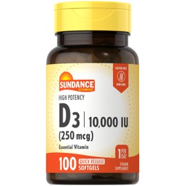 Sundance Vitamin D3 10,000 IU (250 mcg) | 100 Softgels | High Potency Formula | Non-GMO and Gluten Free Supplement