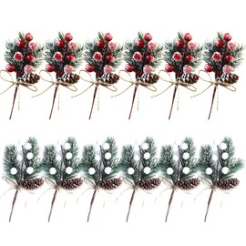 12 PC 6inch Artificial Christmas Floral Picks, Red and White Fake Berry Picks Stems, Pine Branches Picks, Spray with Pinecones Holly Leaves for Floral Arrangement Wreath Winter Holiday Season Décor