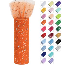 RIBBOOO Orange Glitter Tulle Rolls 6 Inch by 10 Yards Sequin Tulle Fabric Ribbon for DIY Tutu Skirt Sewing Bow Decorations Craft Supplies Birthday Wedding Baby Shower Party Decoration