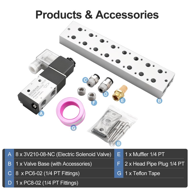 BAOMAIN 8-Station Pneumatic Solenoid Valve Manifold Kit, 2 Position 3