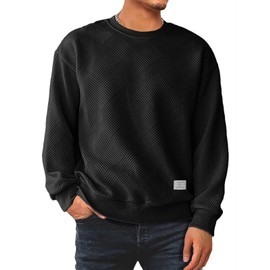 JMIERR Mens Classic Crewneck Sweatshirt Casual Long Sleeve Geometric Texture Sweatshirts Loose fit Workout Pullover Solid Color Outdoor Sweaters Black X-Large