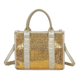 LeahWard Ladies Small Tote Bag, Embossed Text Design, Detachable Shoulder Strap (Gold Seq)