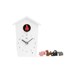 KOOKOO AnimalHouse Weiss, Moderne kleine Kuckucksuhr mit 5 Bauernhoftieren, Aufnahmen aus der Natur. Hat EIN freundliches und modernes Design.