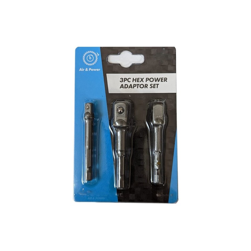 3Pc Hex Power Adaptor Set 1/4" 3/8" 1/2", Hex Shank