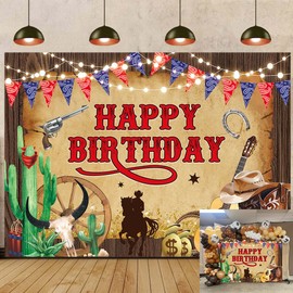 Western Cowboy Birthday Backdrop Wild West Rustic Wooden House Rodeo Boot Hat Cactus Photography Background Boys Girls Adults Cowboy Theme Birthday Party Decorations Banner Supplies (7x5FT)