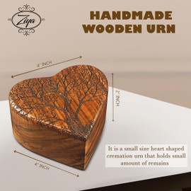 ZIYA Wooden Heart Keepsake Tree Urn, Small Cremation Urn for Human Ashes Adult Male or Female Memorial Funeral Remains Container, Mini Decorative Urn Box for Men, Women Either Dog, Cat or Any Pets