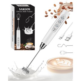 Sakgos Milk Frother Rechargeable Handheld-Electric Whisk 3 Speed Adjustable, Coffee Frother Wand with 3 Stainless Whisks, Electric Foam Maker, Drink Mixer Blender for Latte Cappuccino Matcha Egg