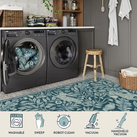 Lahome Forest 2x3 Rugs for Entryway, Washable Rabbit Area Rug for Entrance Indoor, Vintage Woodcut Print Turquoise Throw Rug with Rubber Backing, Stain Resistant Door Mat Home Decor (Turquoise, 2'x3')
