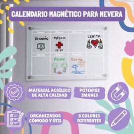 BuMart - Magnetic Fridge Calendar - Weekly Magnetic Calendar + Accessories for your Fridge | Transparent | Spanish | Fridge Whiteboard |