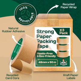 DIY Doctor 3 Rolls Brown Paper Packing Tape – Eco-Friendly Kraft Packaging Tape (48mm x 50m) – Strong Paper Parcel Tape for Shipping, Boxes & DIY Projects