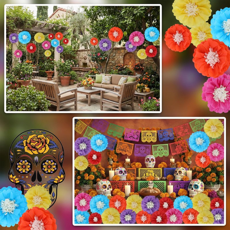 18 Pcs Mexican Paper Flowers Colorful, Tissue Paper Flowers Decorations