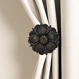 MERIVILLE Set of 2 Fleur Window Drapery Medallion Holdbacks, Curtain Tiebacks, Wall Hook, Tassel Holder, Bronze with Gold