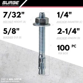 Surge BP - 1/4" x 2-1/4" Zinc-Plated Wedge Anchors for Concrete and Cement | Heavy-Duty Expansion Anchor (Box of 100)