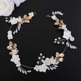 Teyglen Bride Wedding Crystal Hair Vine Gold Silver Flower Leaf Headband Bridal White Flower Hair Vine Wedding Headpiece Hair Accessories for Women Bride Girl (Gold)
