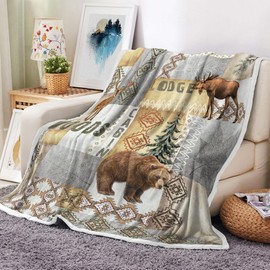 Rustic Throw Blankets GIFS,Bear Deer elk Moose Green Forest Woodland Fleece Blanket, Adventure Life Cabin Farmhouse Decorative Tree Soft Cozy Travel Throws, Lightweight and Warm Blankets