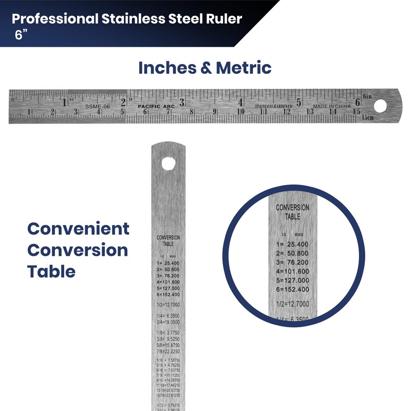 Pacific Arc 6 Inch Stainless Steel Ruler with Inch/Metric Conversion