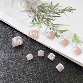 SINLOV 24pcs Nude Square Fake Toenails Glossy Rose Flower Press on Glitter False Toe Nails French Short Full Cover False Toenails Artificial Foot Nails for Women and Girls