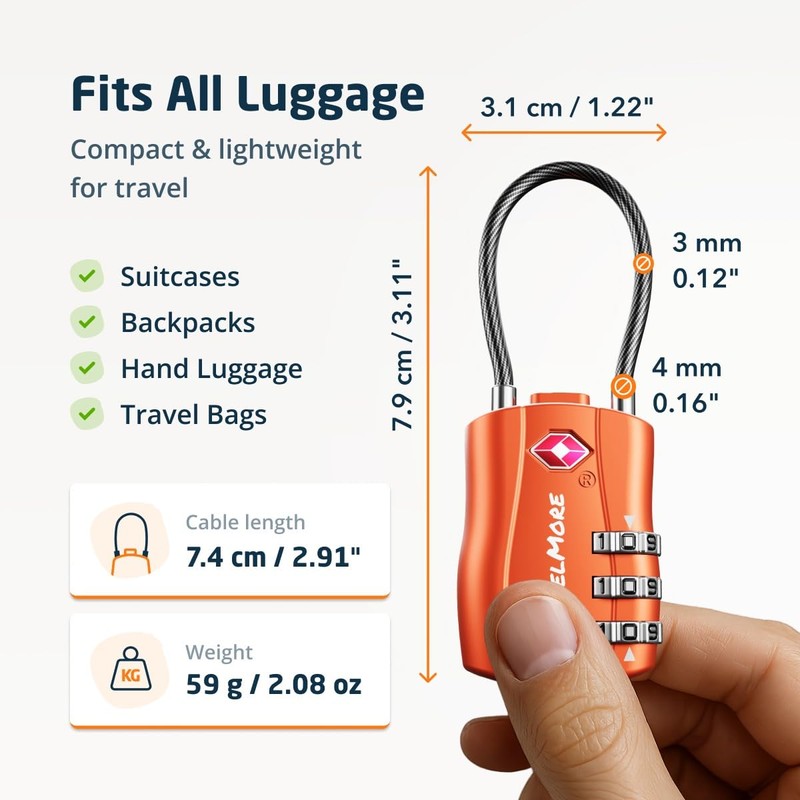 2-Pack TSA Approved Travel Combination Cable Luggage Locks for Suitcases