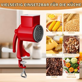 AROMUJOY Manual Nut Mill with 2 Removable Drum Blades, Cheese Grater with Crank, Peanut Mill, Almond Mill, Vegetable Slicer Stainless Steel for Nuts, Corn, Cheese, Carrots, Red