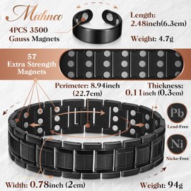 Mahnco Copper Bracelet for Men with Triple-Row Strong Magnets Magnetic Bracelets & Lymphatic Drainage Ring Set with Adjustable Sizing Tool, Magnetic Jewelry Gift (Black)
