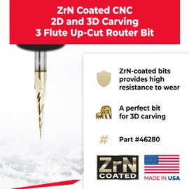 Amana Tool Up Cut Spiral CNC Router Bits for 2D/3D Carving, ZrN Coated, 46280, 6.2 Deg Tapered Angle Ball Tip x 1/32 D x 1/64 R x 1 x 1/4 Shank 3 Fl